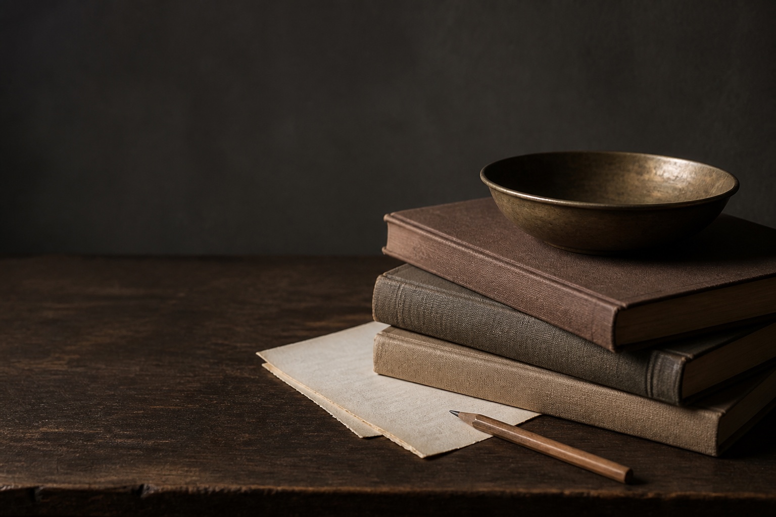 A time-worn brass bowl resting on a small stack of clothbound books