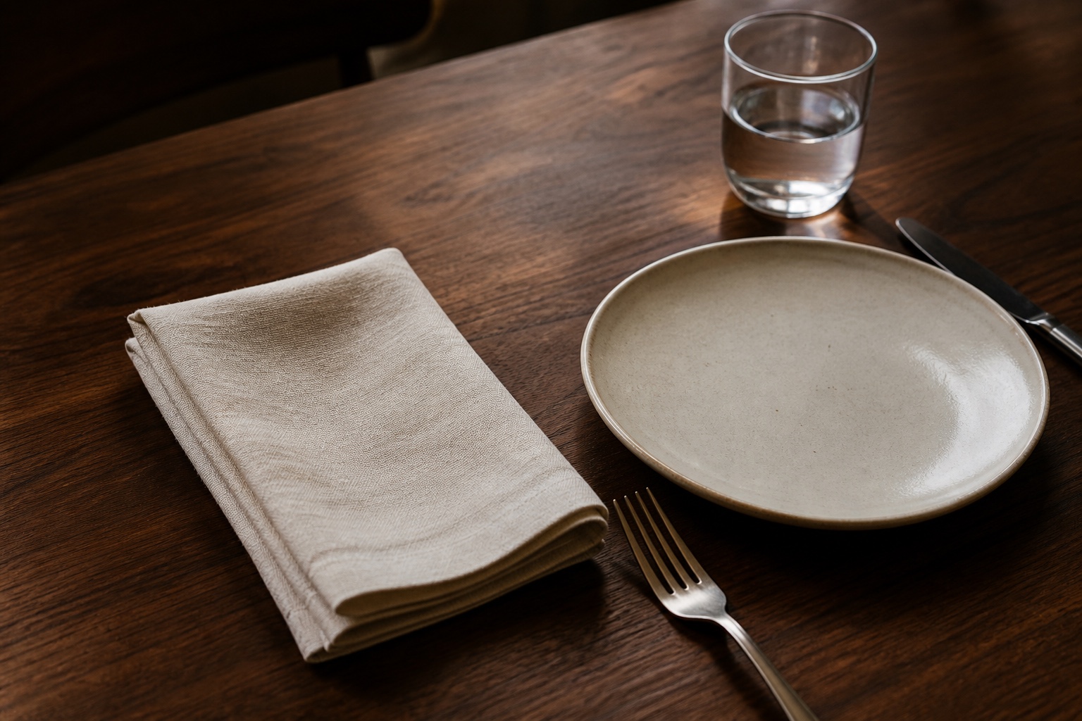 A softly used linen napkin beside cutlery and a quiet place setting