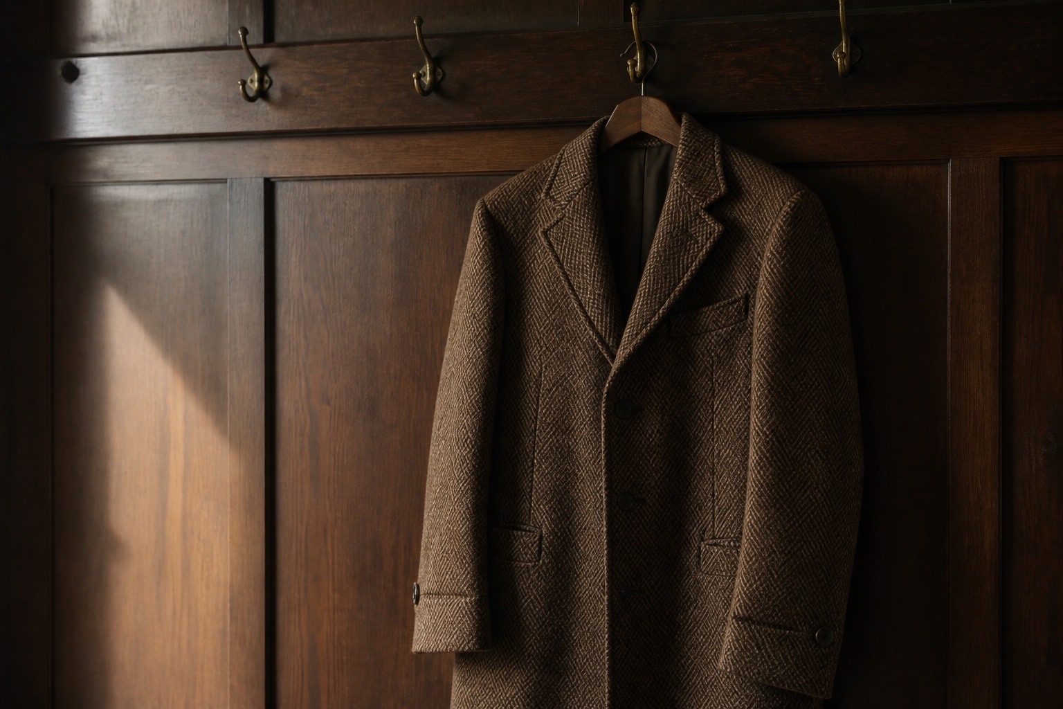 A brown herringbone coat hanging in a dark paneled room