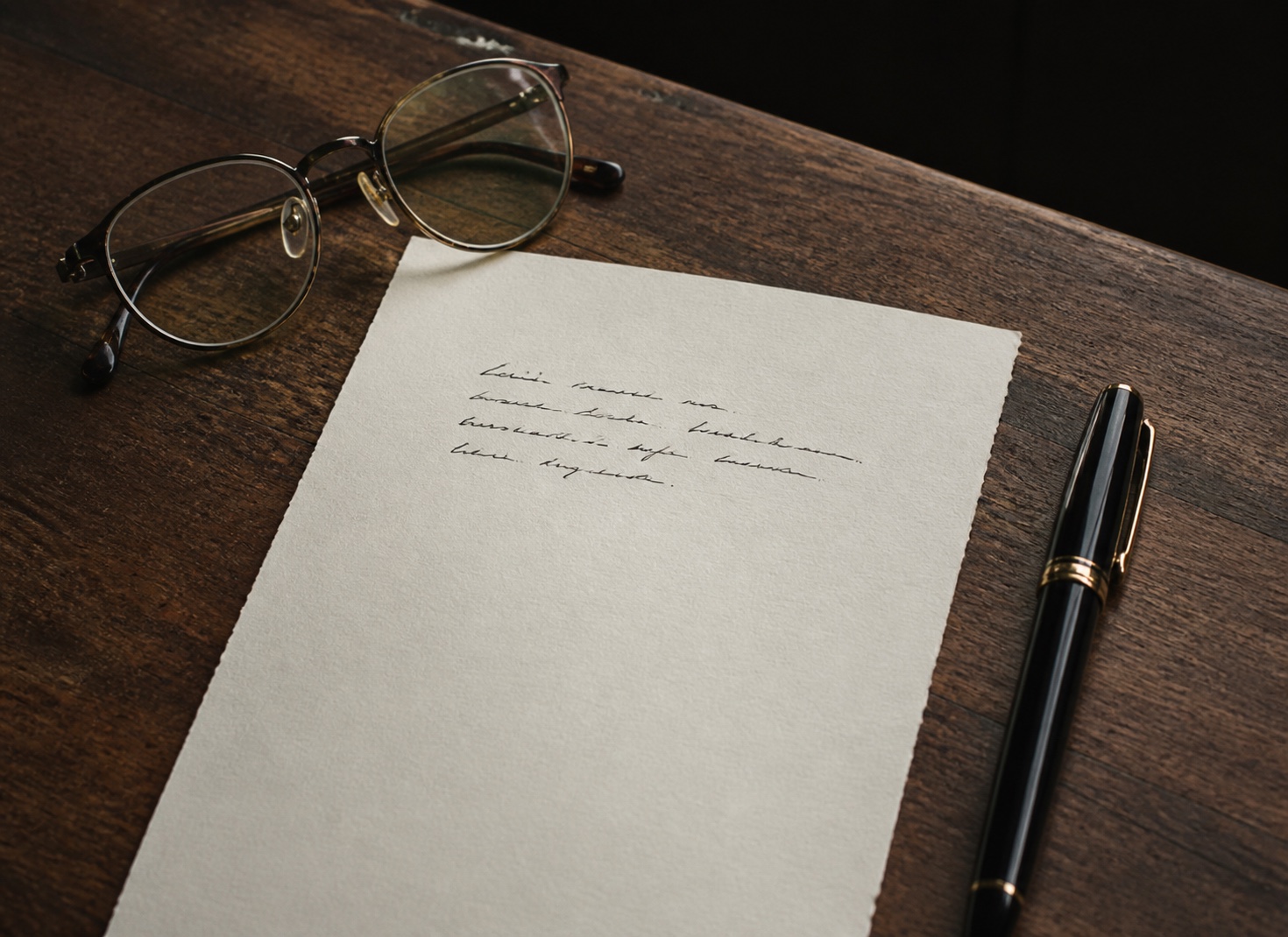 Handwritten note, pen, and reading glasses on a desk