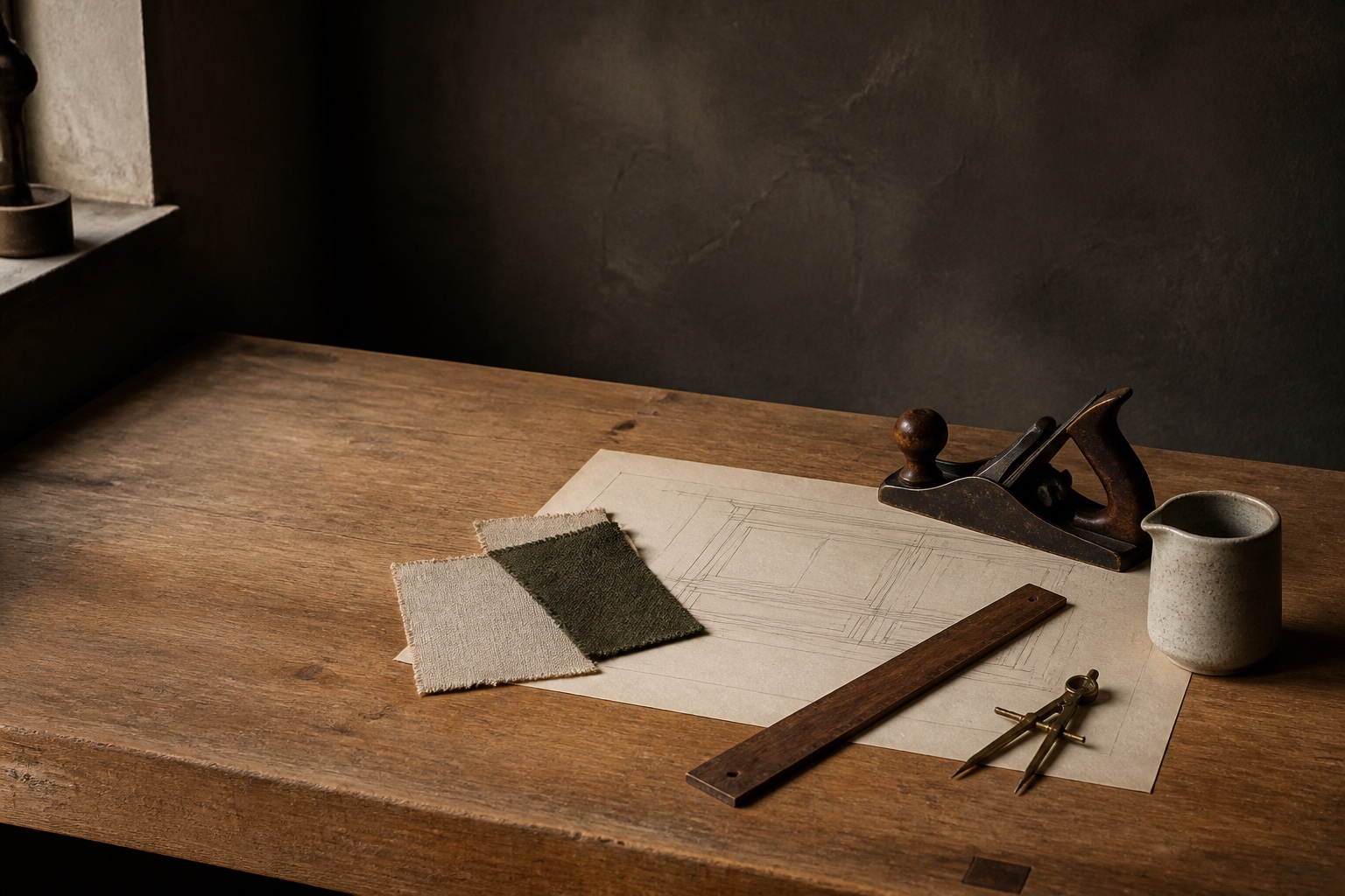 A dark workshop table with drawings, fabric, and well-used tools