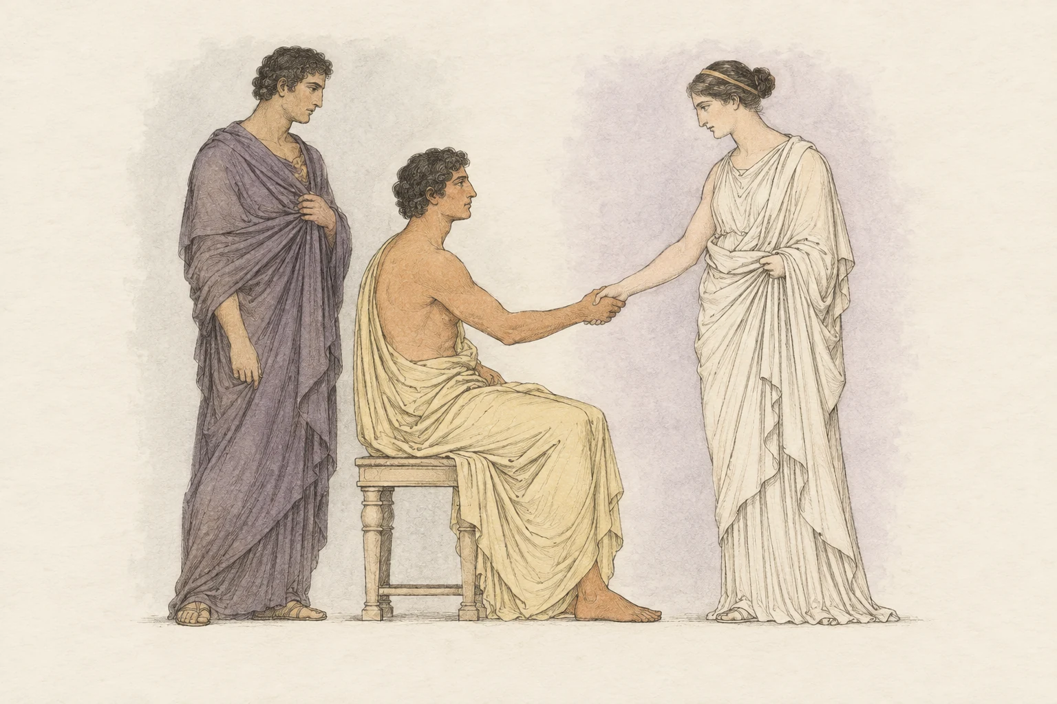 Drawn study of an ancient Greek funerary scene: a seated man clasps a standing woman’s hand, with another man standing behind him.
