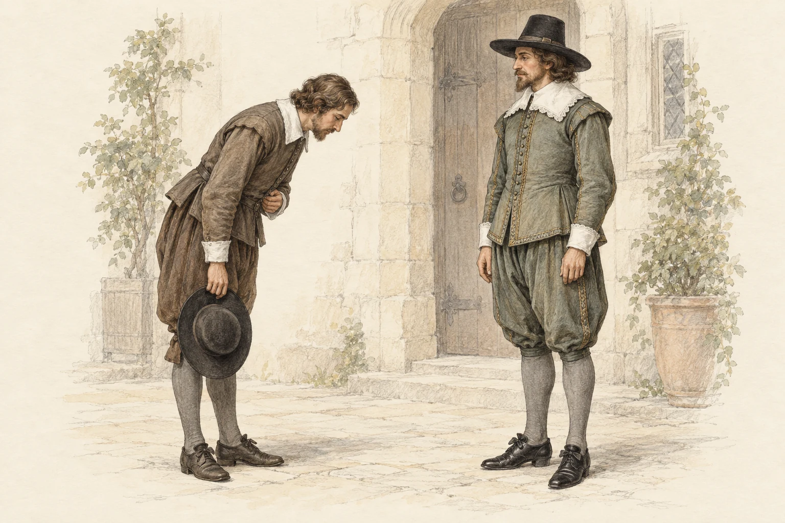A man removes his broad-brimmed hat and bows to a gentleman who remains upright, acknowledging him with a slight inclination of the head.