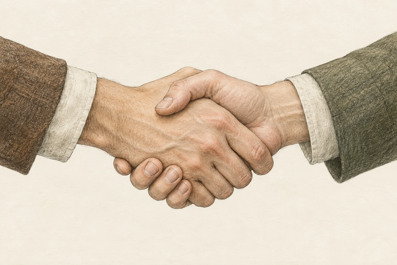Pencil and muted colour-wash study of two right hands meeting in a handshake, with plain linen cuffs and wool sleeves.
