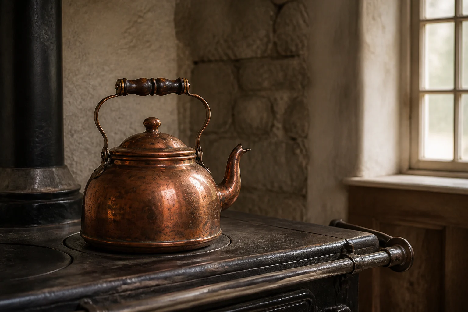 A well-loved copper kettle, clean and maintained, on a substantial cast-iron stove