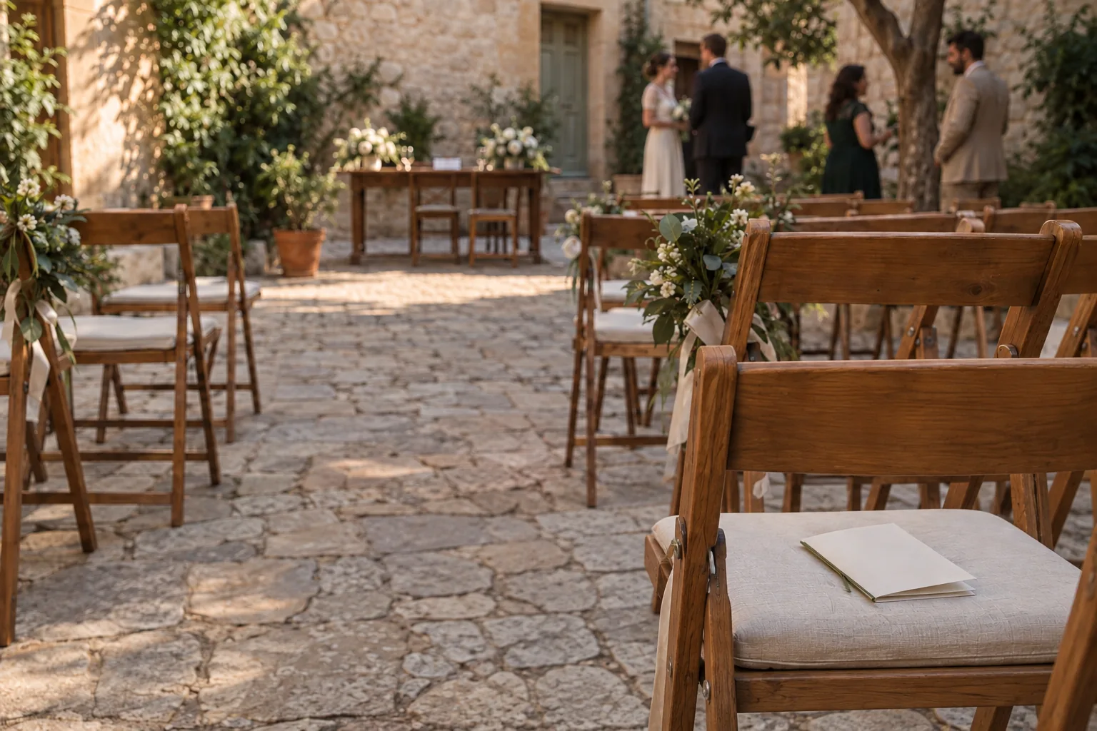 Wedding programs rest on linen-cushioned folding chairs aligned beside a courtyard aisle, with the couple and guests gathering beyond.