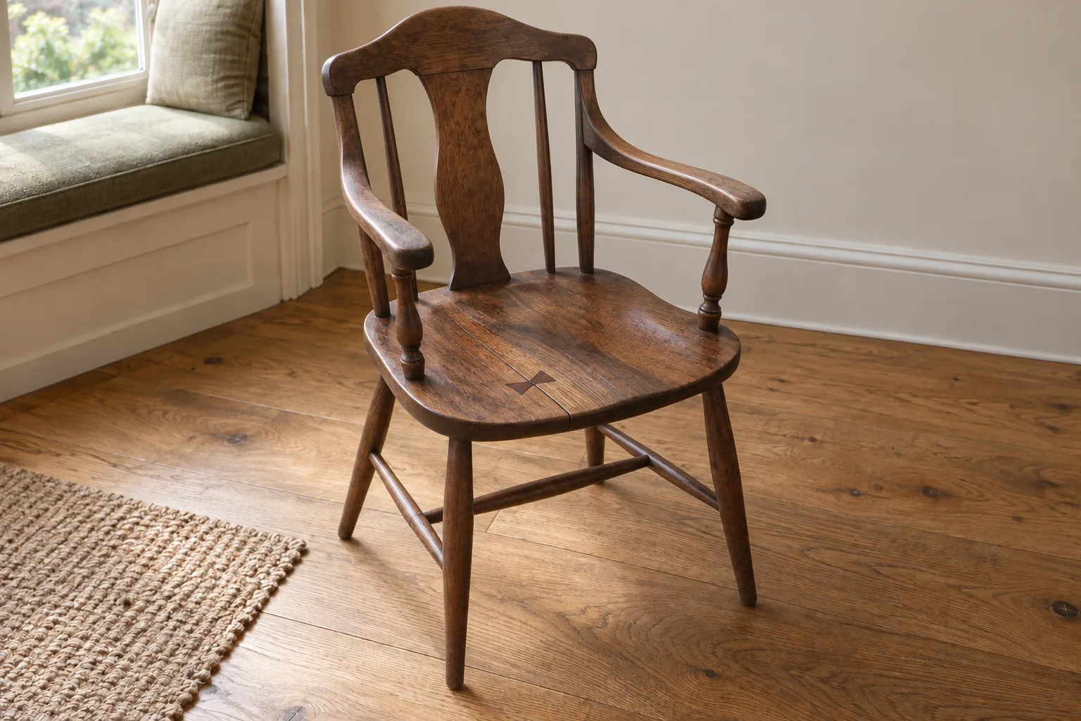 A walnut armchair with a shaped back and a carefully repaired seat, standing beside a window bench.