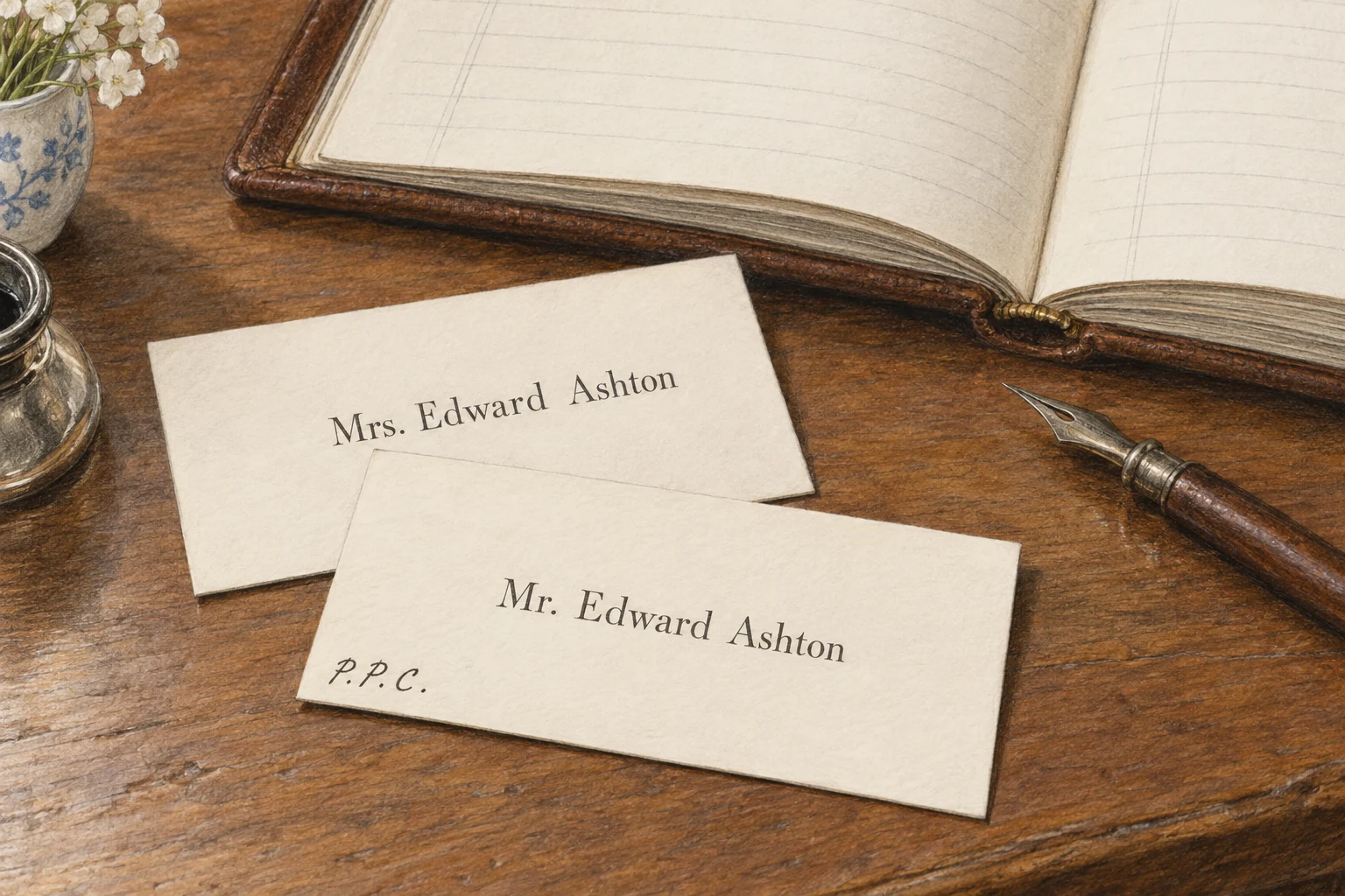 Calling cards beside an open visiting book, with P.P.C. handwritten at the lower corner of the foremost card.