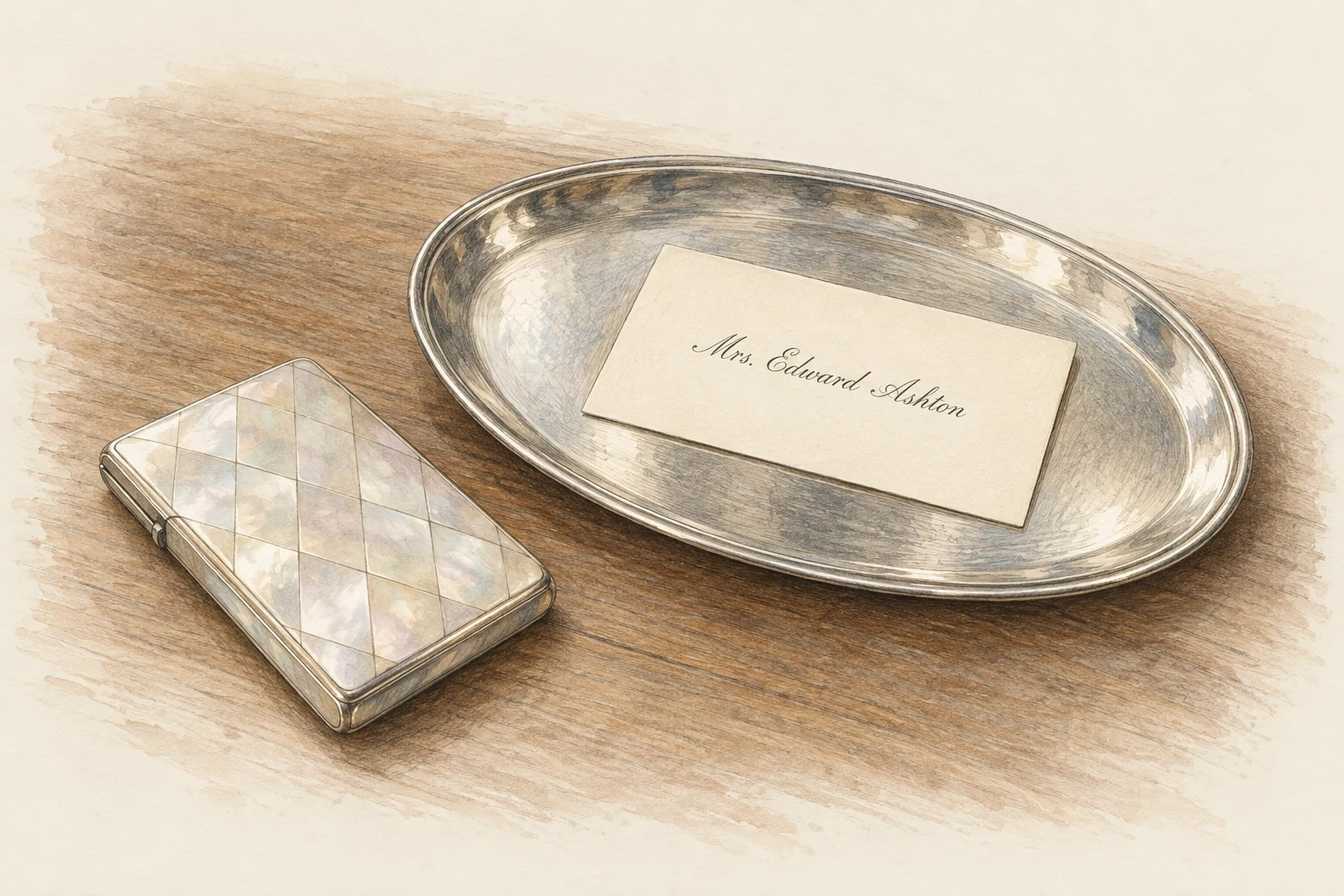Pencil-and-wash still life of a small engraved calling card, a mother-of-pearl card case and an oval silver hall tray.