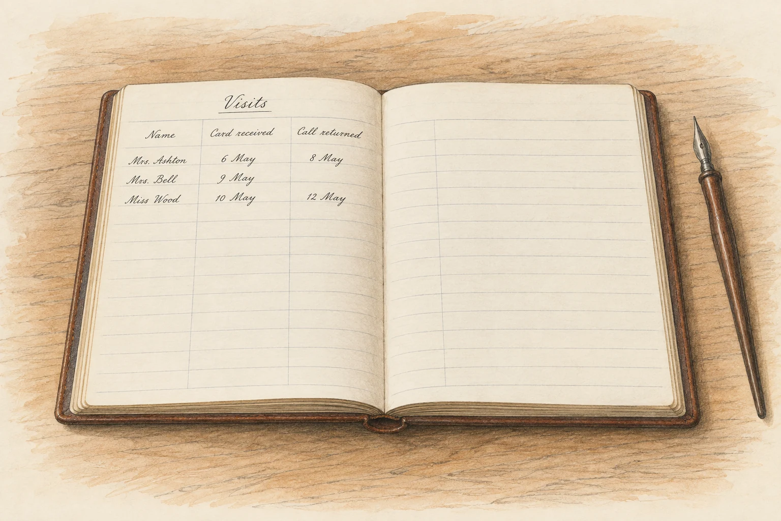 An open leather-bound visiting book with handwritten names and dates recording cards received and calls returned.