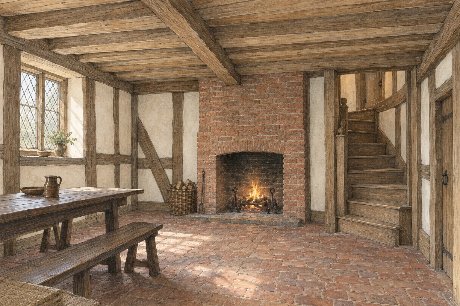 A room with a lower timber ceiling, a brick fireplace and an adjacent stair rising to an upper chamber.