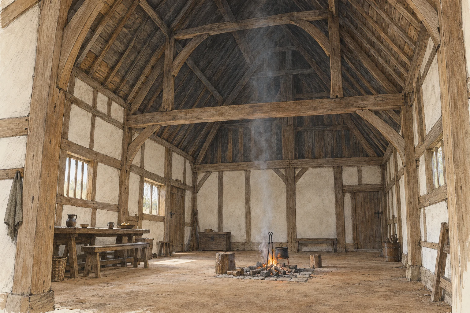 A central hearth beneath the exposed rafters of a tall open hall.