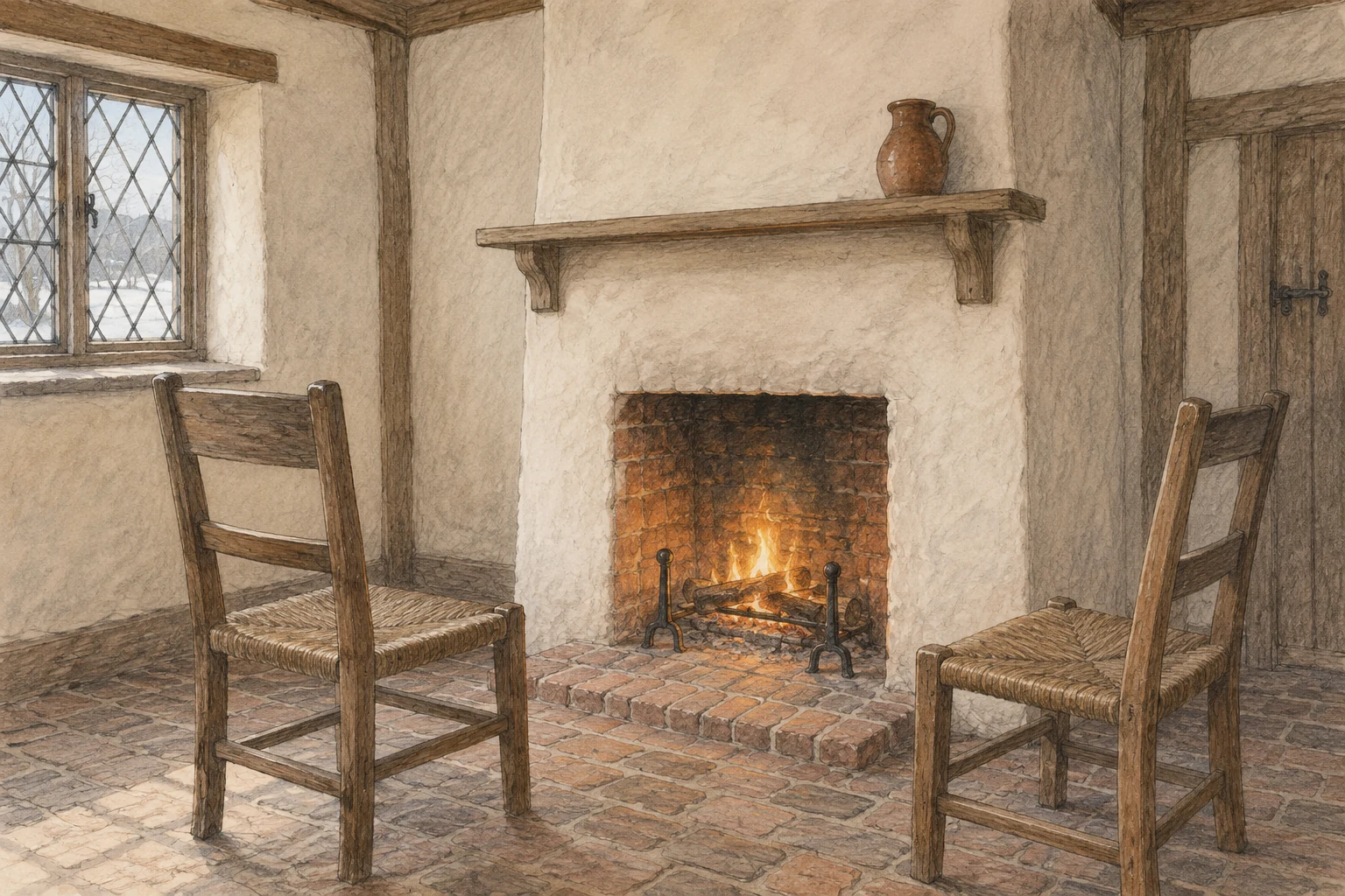 Two plain wooden chairs gathered around a brick fireplace set into a pale plaster chimney breast.