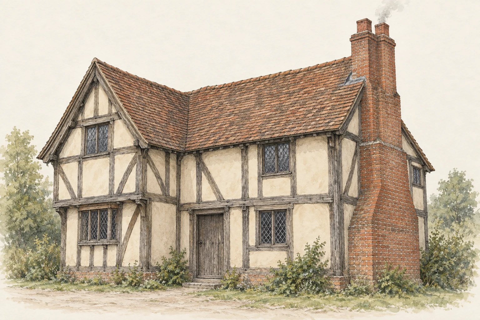 An English Tudor-era timber-framed house seen from outside, with a prominent red-brick chimney rising above its steep tiled roof.