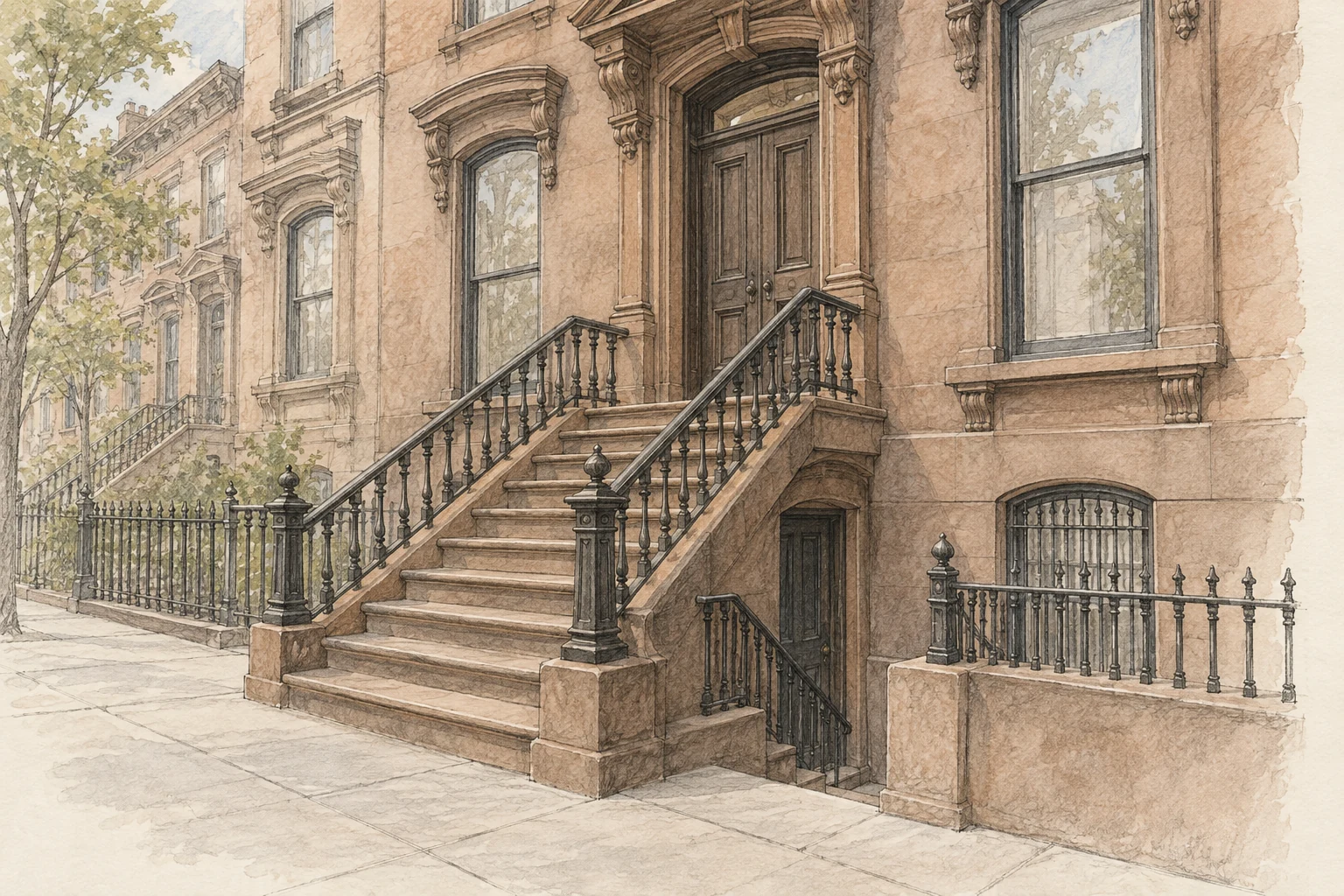 A New York brownstone with a high stoop rising to the principal doorway and a smaller stair descending from the pavement to a lower service entrance.