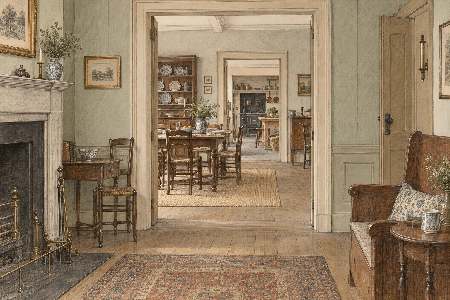 View from a furnished sitting room through a doorway into a dining room, with a further doorway leading to a working kitchen.
