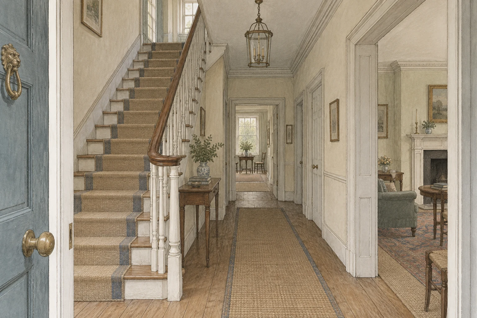 View inward from a front door: a staircase beside a hallway, with doors farther along and a furnished living room visible through a side opening.