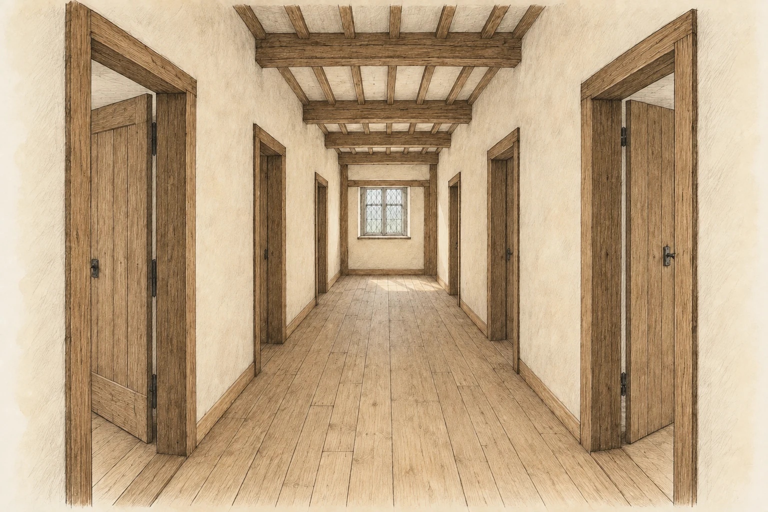 Pencil and light colour-wash drawing of an oak-framed passage, with separate doorways along both walls and pale daylight from the far window.