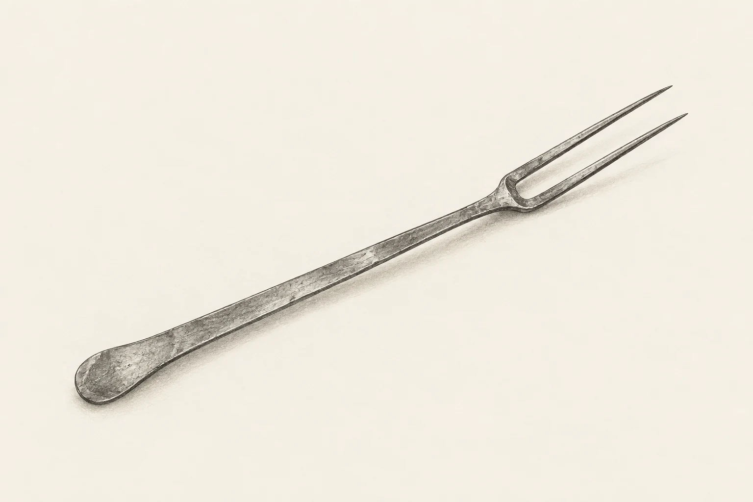 Graphite and ink study of an early personal table fork with two long pointed tines on warm ivory paper.