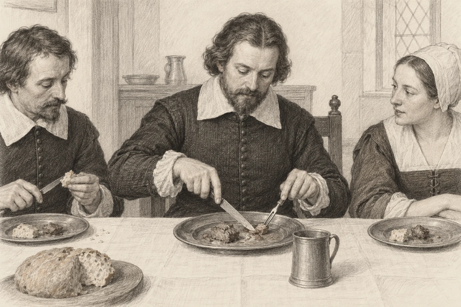 Illustrated early-seventeenth-century meal: one diner uses a small two-tined fork and knife while a neighbour handles food with fingers and a knife.