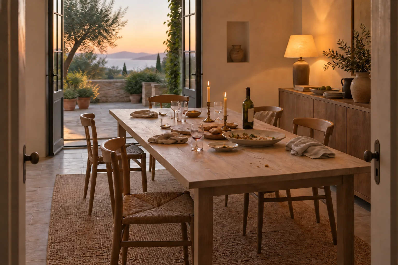 A dining table after a gathering, with used linen napkins, moved glasses and candles, beside open terrace doors at dusk.