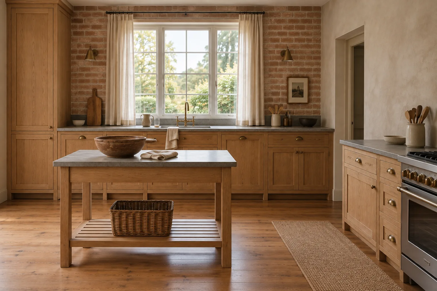 A linen-framed window set in a brick wall lights an oak kitchen with stone counters, brass fixtures and a warm mineral-finished wall beside a partially visible stove.