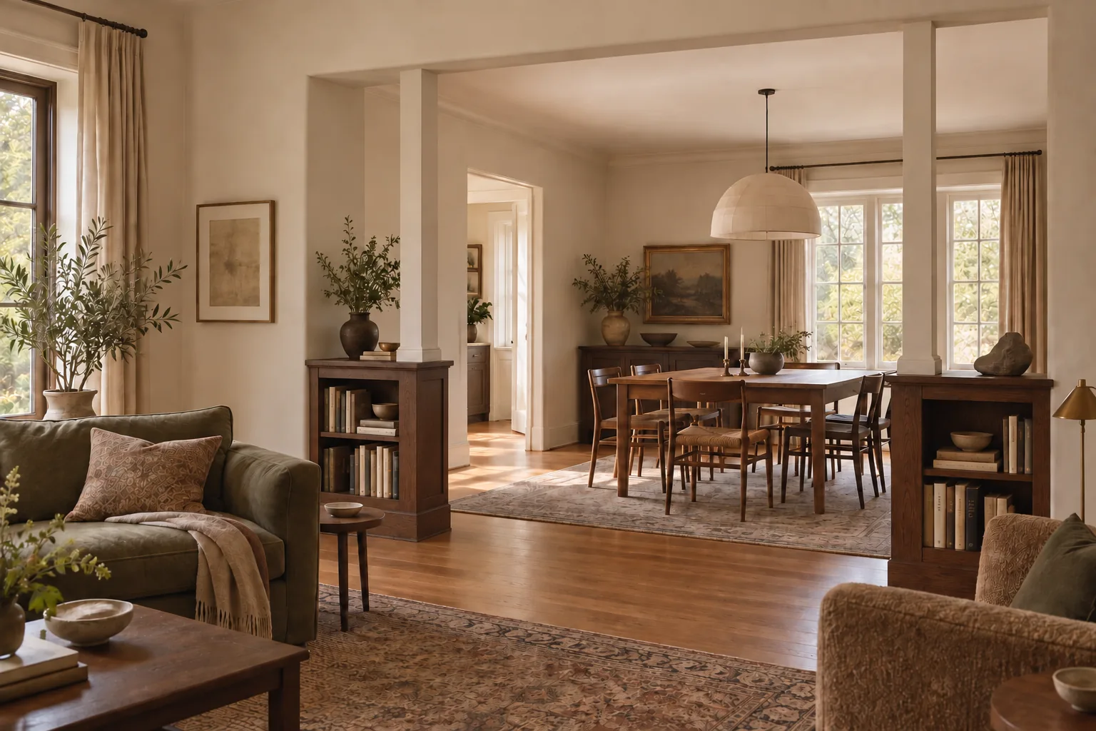 A connected living and dining interior defined by low millwork, slender uprights and a shallow architectural header.