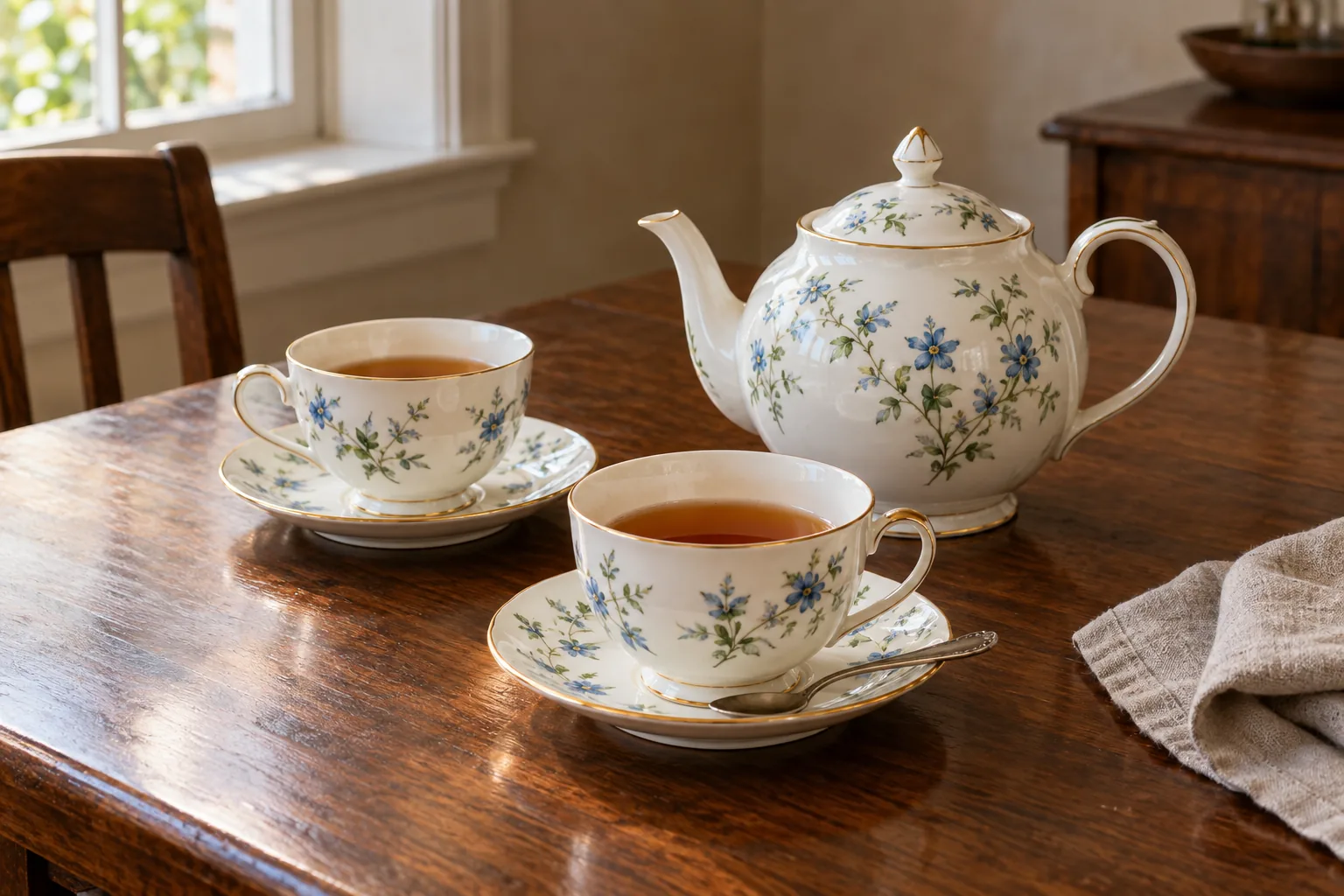 A fine-china teapot and two matching cups of tea on a worn wooden table, with a teaspoon and a rumpled linen napkin.